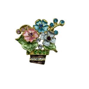 Floral Flower Basket Brooch Pin Enamel Rhinestone Gold Tone Colorful Garden
